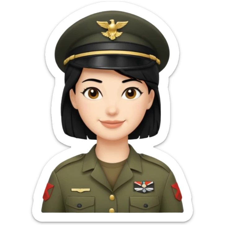 Apple-style emoji: female soldier, bust, no cap/helmet, friendly smile,black color blonde hair sticker