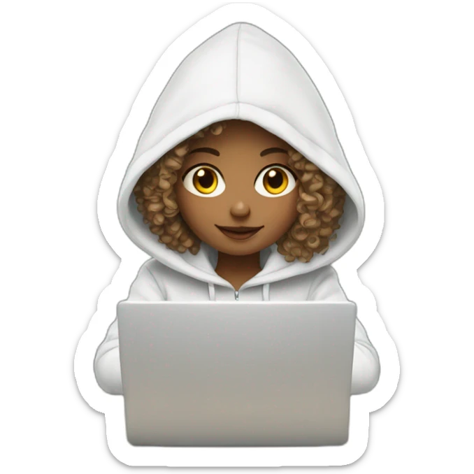 a white tenage curly girl wearing a hoodie working on a laptop sticker