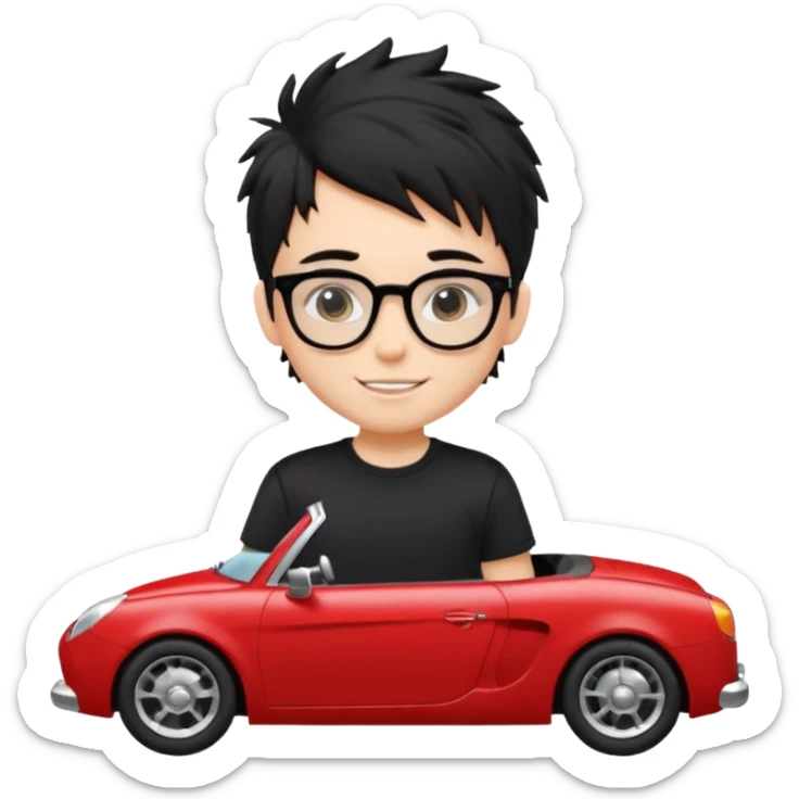 generate a pretty bratz fair skinned boy with black messy hair wearing a black tshirt driving a red car. Glasses on.  sticker