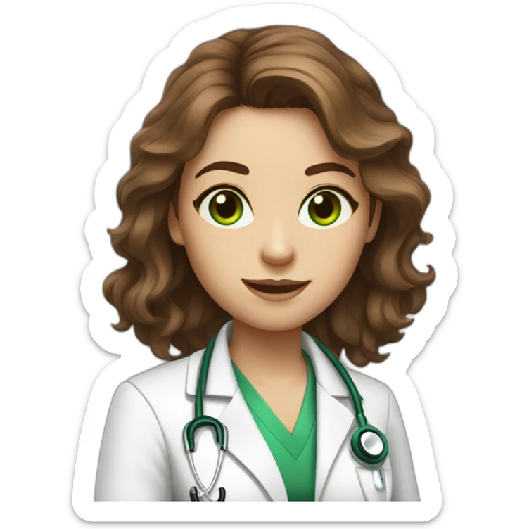 female doctor with brown messy hair and big green eyes sticker