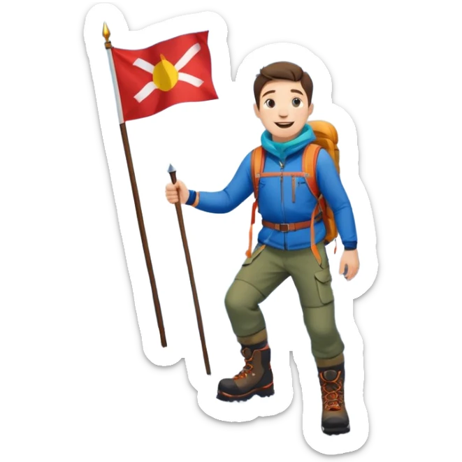 joyful guy on a mountain summit with a flag, snow at his feet, the mountain is clearly visible under his legs sticker