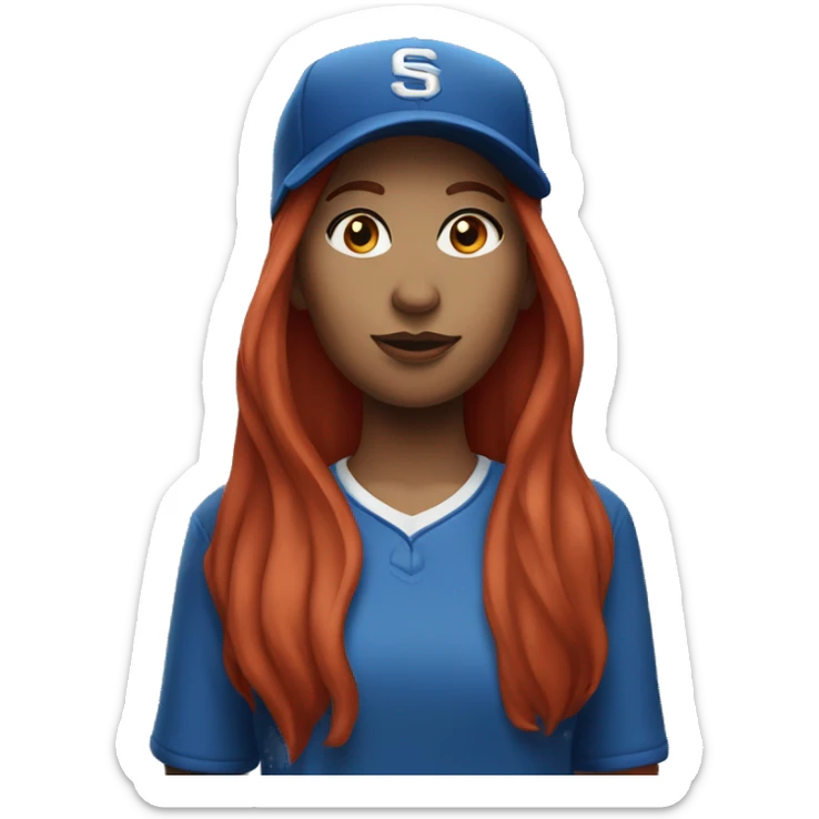 front facing standing up female coach with long red hair, wearing a white t-shirt and a simple baseball blue hat sticker