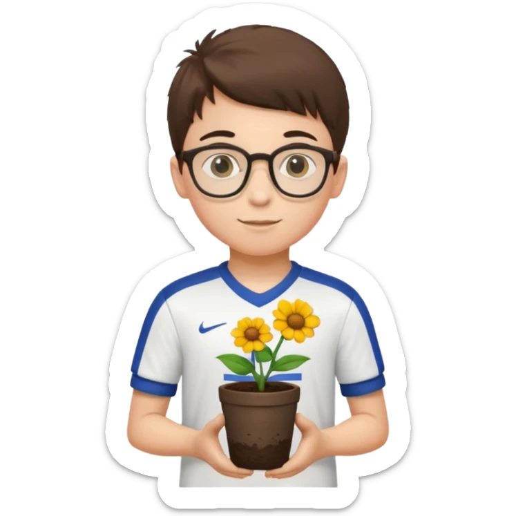 young boy wearing glasses, wearing soccer uniform, holding a flower pot sticker