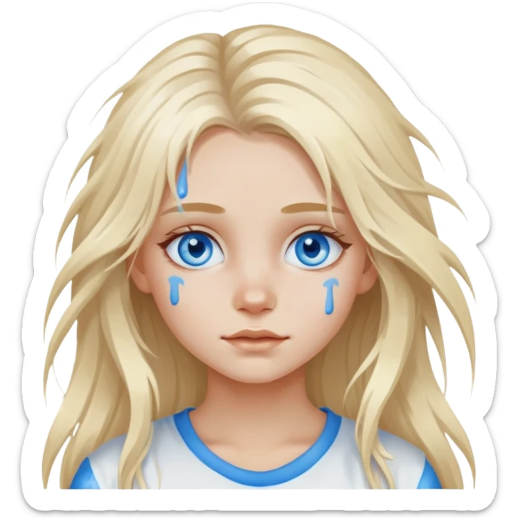 Girl with blue eyes and white paint on her face with long blond messy air,  sticker