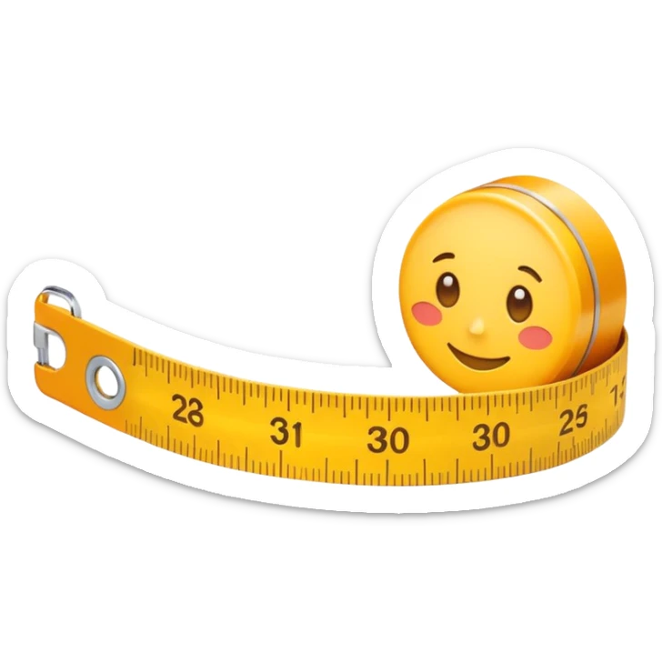 Cute emoji-style measuring tape roll, yellow color with orange highlights, soft edges, small eyes and smile for fun cartoon effect, simple emoji icon style. sticker