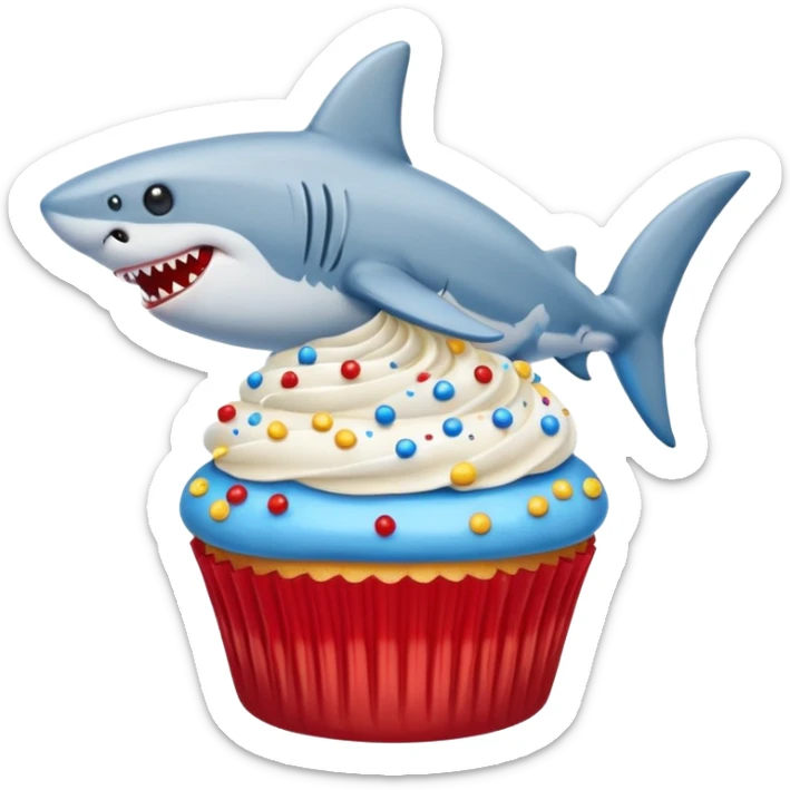 Cupcake  with a  dog  and friendly shark with gloden and silver and blue and red icing  sticker