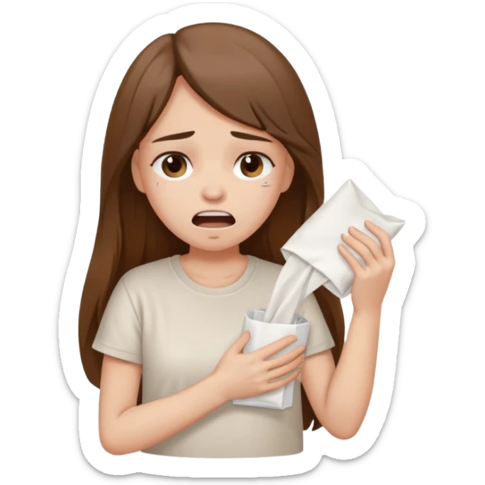a pretty bratz fair girl crying in a loose oversized off white tshirt  with long brown hair with a tissue box sticker