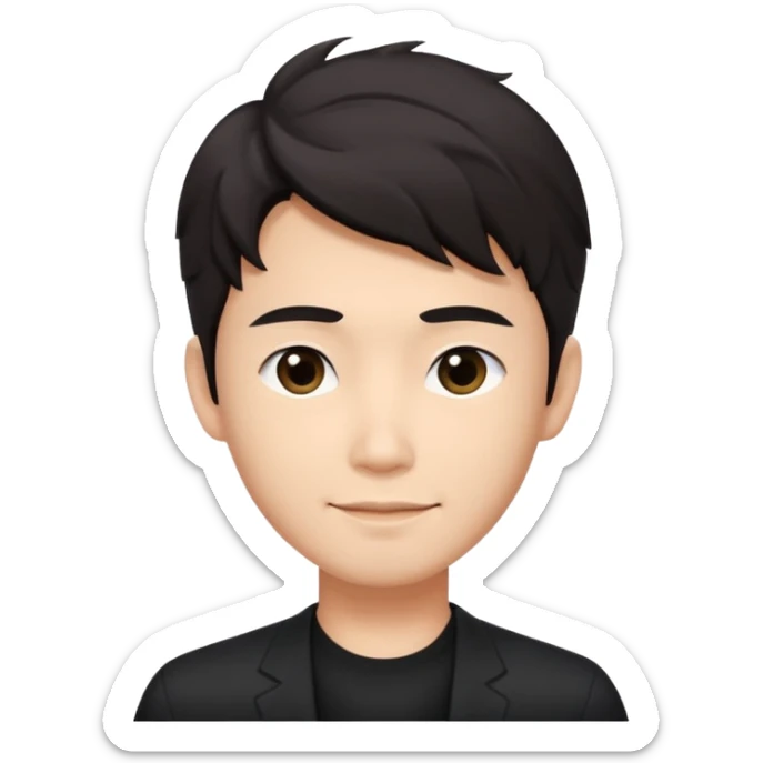 Asian guy wavy hair, dressed cool in black, demure but with a smirk  sticker