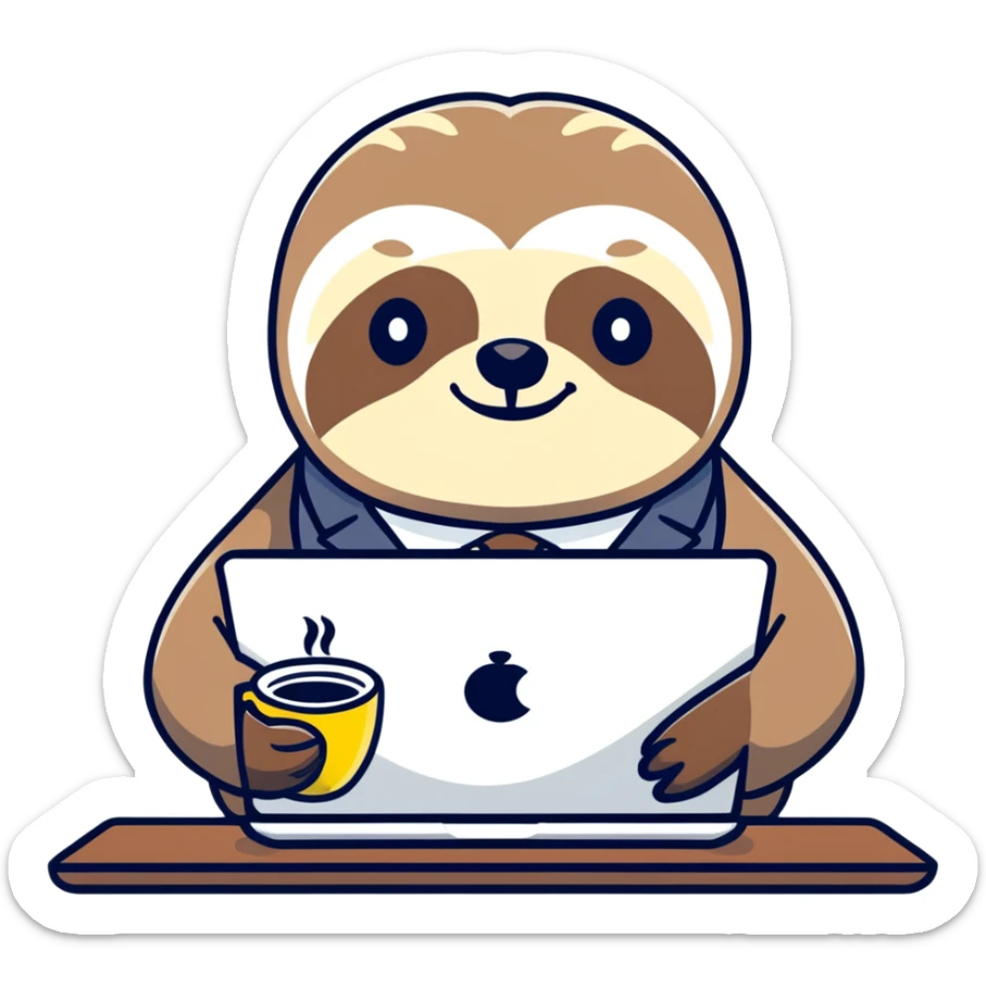 Elderly sloth boss in cartoon style, hand-drawn, muted warm tones. Office clothes, often with coffee or laptop. Ukrainian text, readable in dark mode. sticker