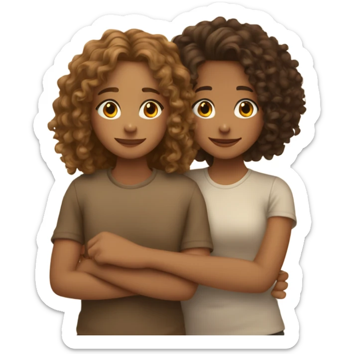 Two best friends hugging, one is light tan with shoulder length curly hair and the other girl is brown with long brown curly hair sticker