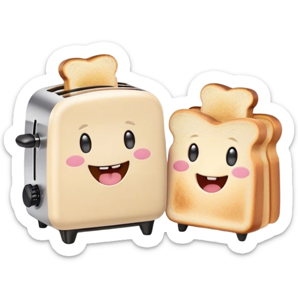 Cute Kawaii Toaster, tiny and square, soft pastel cream with a happy smile, chubby cheeks, two little toast slices popping out, giggling in excitement! sticker