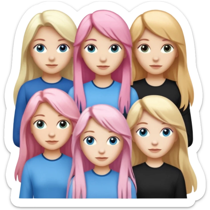 Girlfriend emoji - include 1 white girl with long light pink hair and blue eyes, 1 white girl with brown eyes and medium honey blonde hair, and 2 white girls with brown eyes and long dark brown hair, 1 white girl with blue eyes and light blonde hair,  sticker