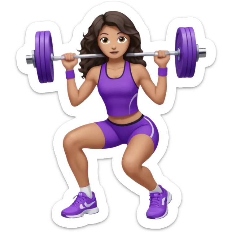 mujer de tez trigueña, con cabello castaño oscuro ondulado con pequeñas ondas, con el cabello super largo hasta las rodillas estilizado, con ropa deportiva morada/lila, tenis blancos deportivos y levantando una pesa sticker