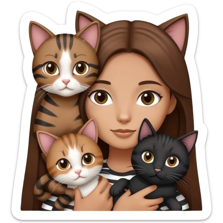 tan girl with long brown hair holding two cats, one black cat and one grey-striped cat sticker