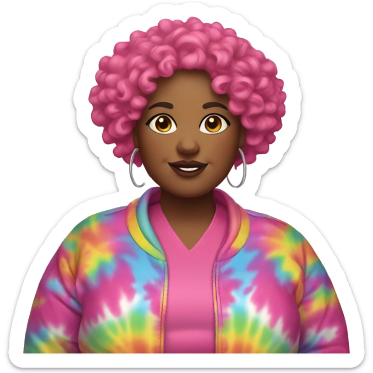 Plus size black woman with pink curly short hair and a tie dye jacket  sticker