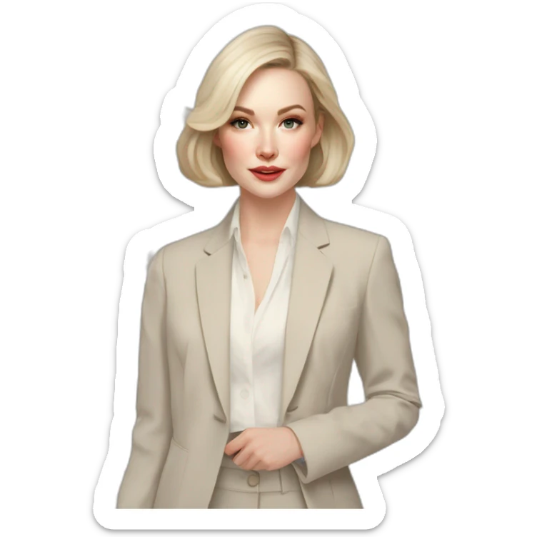 pale skin woman with ash blonde Straightened bob Hair, White Spacious classical jacket, beige palazzo Arrow pants and gray blouse holding a color palettes in the hands sticker