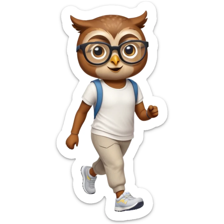 friendly anthropomorphised owl in pants and a shirt, wearing glasses, jogging upright, relaxed pose sticker