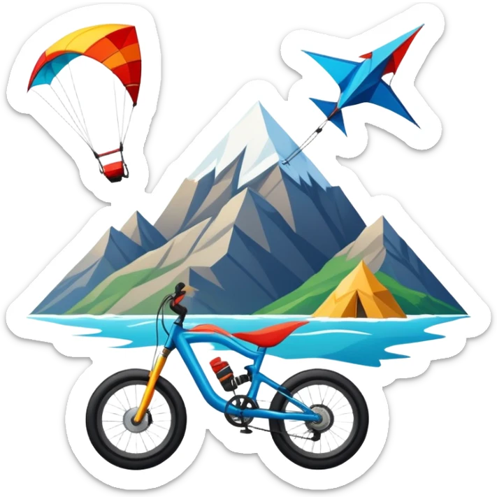 An emblem-style design representing extreme sports and lifestyle, featuring symbols of adventure such as a mountain, a sea, a kite, and a bike. The design is bold and dynamic, with sharp lines and energetic colors, capturing the essence of thrill, freedom, and adrenaline. sticker
