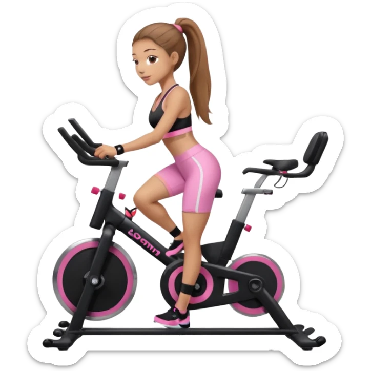Light skin girl with long light brown hair in a pony tail, black workout set leaning on a indoor spin bike with NO HELMET, can we add a pink sports bra  sticker