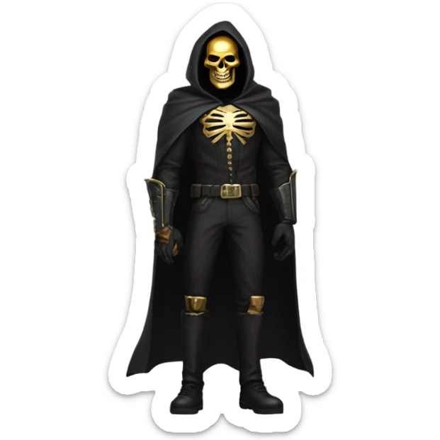 Bounty Hunter Boss with black cape and a gold skull jaw mask from death Stranding, full body view sticker