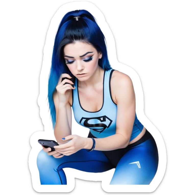 Disapponted-big tears-head back texting on phone-very very large upper body-sexy face-bending forward at waist-very long very straight dark blue to light blue ombre hair-and-blue eyes-thick black eyeliner-long eyelashes-iridescent blue lowcut tanktop with black leggings with glitter superman logo sticker