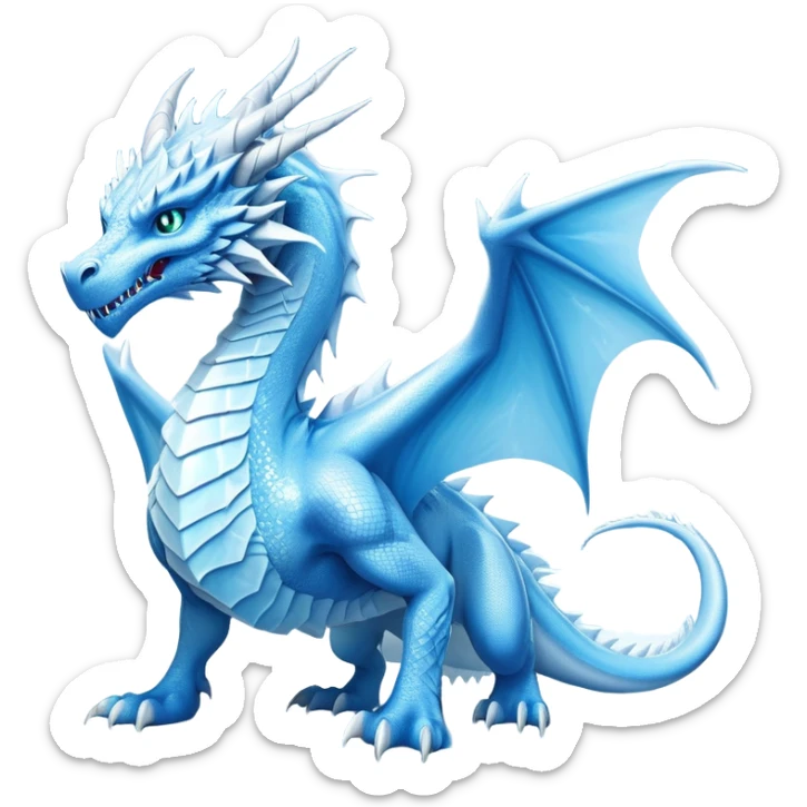 Cinematic Noble wise elegant Ice Dragon full body  Emoji, Poised and imposing, distinct long elegant snout, with a slender, scaled body shimmering in glacial hues of icy blue, frostbitten silver, and crystalline white, breathing out frost, with piercing, glowing ice blue white eyes that radiate the chilling depths of an arctic storm; rendered in detail. excuding wisdom sticker
