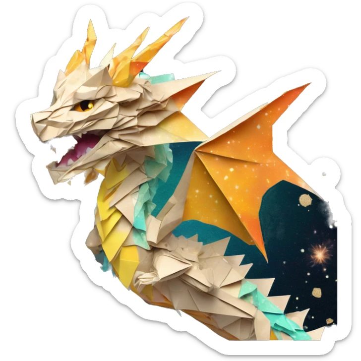 Sparkling patterned Beige Origami dragon with a dried flower crown made of newspapers intricate patterns surrounded by fairy lights nebula galaxy stars swirls iridescent orange cyan yellow sticker