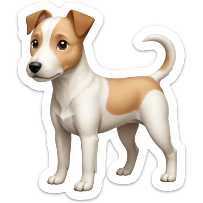 a full body facing front on of a buff white parson russell terrier looking dog the size of a kelpie with light brown long ears resting on its face and a light brown patch on one eye and a large snout. the rest of the dog is completely white.  sticker