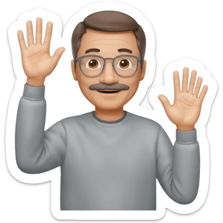 60 yr man partial brown hair parted in center, mustache, light glasses, sweatshirt waving hello sticker