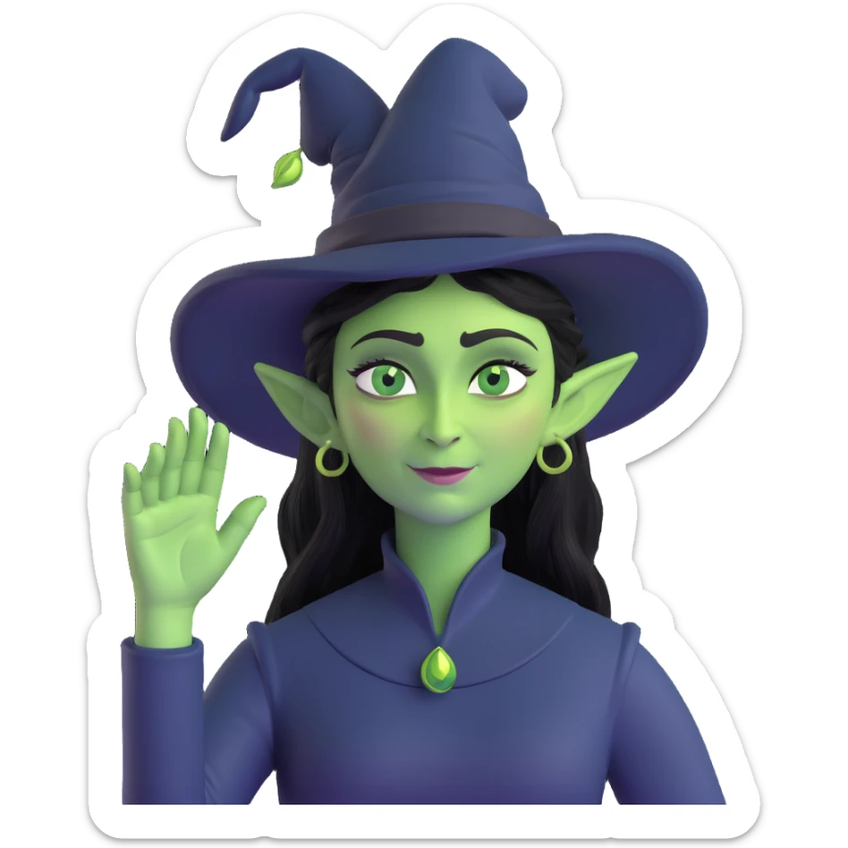 Wicked's Elphaba, hand on head, waving, theatrical, green skin, black hat sticker