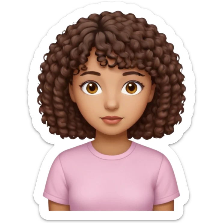 A Latina girl with brown eyes and short curly hair with curly bangs with a light pink shirt sticker