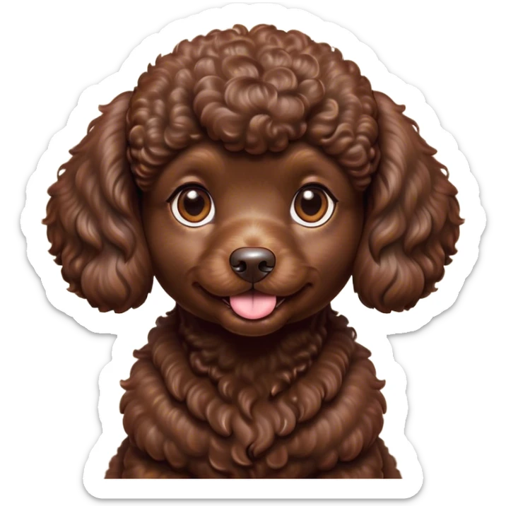 Cinematic Cute Chocolate Poodle Portrait Emoji, Head tilted playfully and inquisitively, showcasing a bouncy, curly chocolate Fur with a healthy sheen, round, sparkling brown eyes filled with curiosity, Simplified yet irresistibly adorable features, highly detailed, glowing with a warm, friendly glow, high shine, affectionate and lively, stylized with a touch of whimsy, bright and endearing, soft glowing outline, capturing the essence of a mischievous yet loving companion, so playful it feels like it could bounce out of the screen and into your arms! sticker