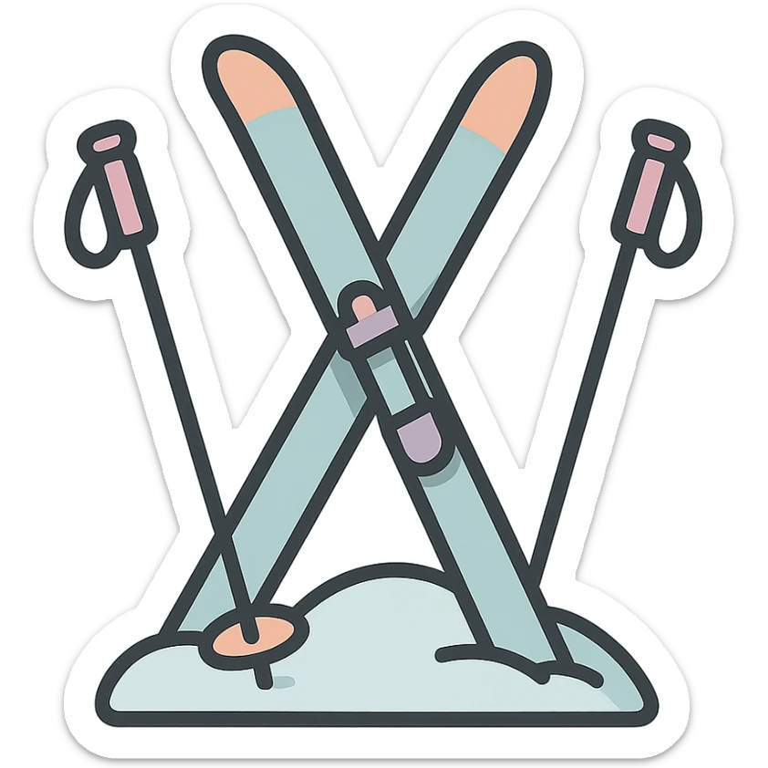 cross-country skis standing at an angle, stuck into a snowdrift, poles on the sides also stuck at an angle, detailed shading, thin clean outlines, soft rounded features, pastel palette #98B5BC #B5B3C1 #C9A3C9 #E4C0CA #F7DCD1 #F7C0AA, Japanese pop art, sticker look, highly detailed, vector clarity, soft lighting, subtle shadows, transparent background sticker