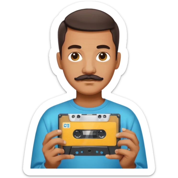 man with mustache and short hair holding a cassette tape, reflecting unique style, simple and clear, no background, Apple emoji style sticker