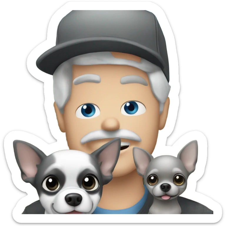 Handsome blue eyed man, with grey hair,  and grey goatee beard, wearing ball cap, holding ‘a black long hair chihuahua’ sticker