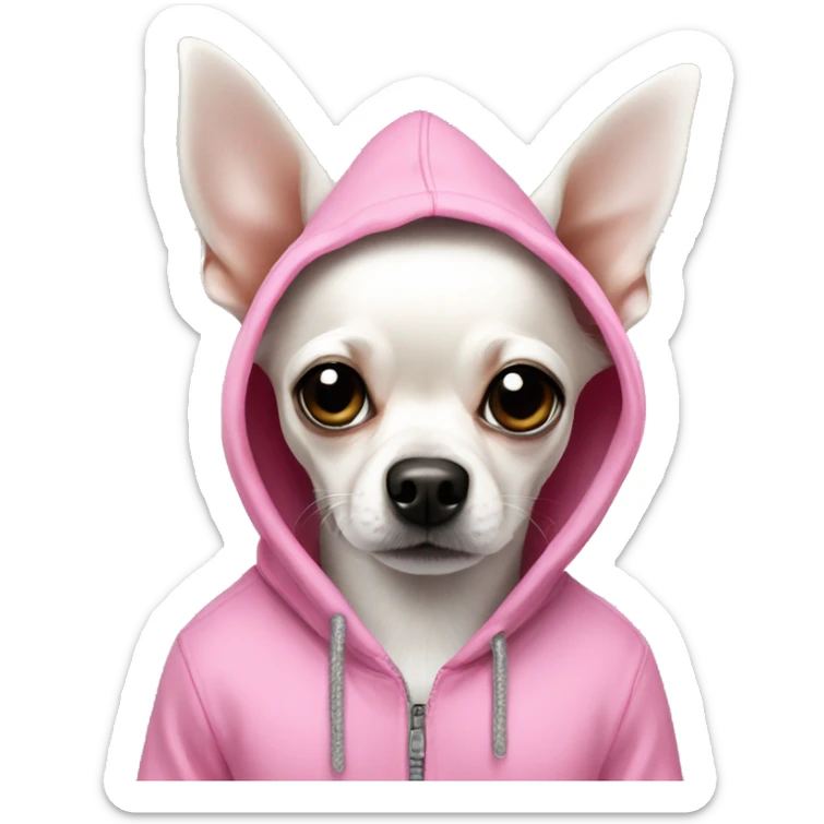 a white Chihuahua with one black ear with a pink hoodie  sticker