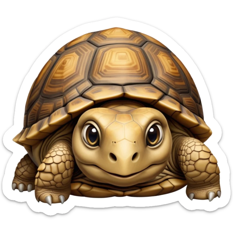 cinematic-tortoise-realistic--emoji,-sturdy-domed-shell-in-rich-earthy-tones,,-wrinkled-wise-face-peering-ahead-with-calm-determination,-cute large-eyes-reflecting-centuries of wisdom, zoomed into its face sticker