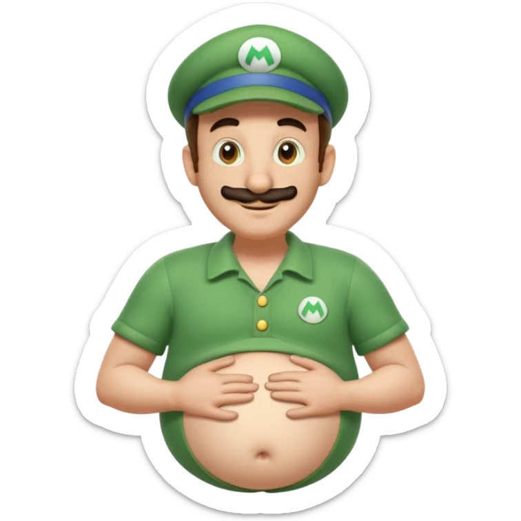 Luigi from Mario, pregnant, hands on belly, cheerful, Discord emoji style sticker