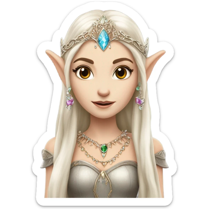 elf princess with pointy ears, white skin, brunette with jewellery,  sticker