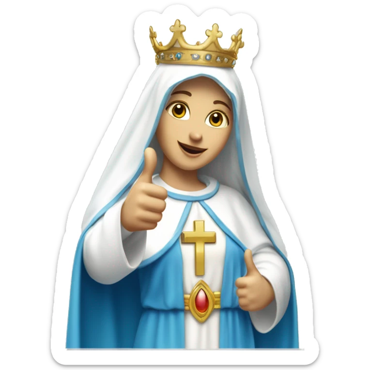 blessed virgin mary with one hand thumb up, with white skin, with blue veil and white clothes, with crown, with halo sticker