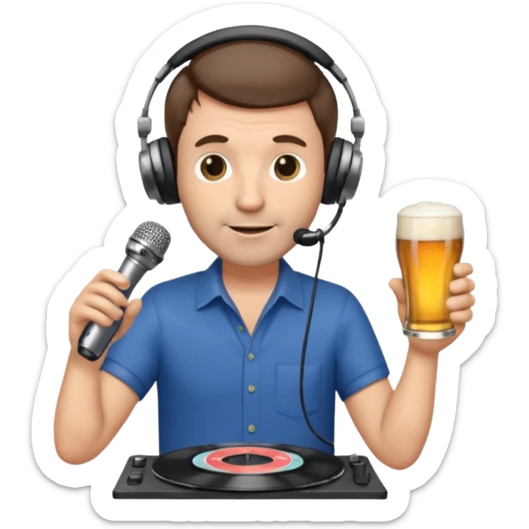 a middle aged white male radio presenter, with short brown hair and slightly unshaven, wearing headphones, speaking into a microphone, with a beer in his right hand and vinyl record in his left hand sticker