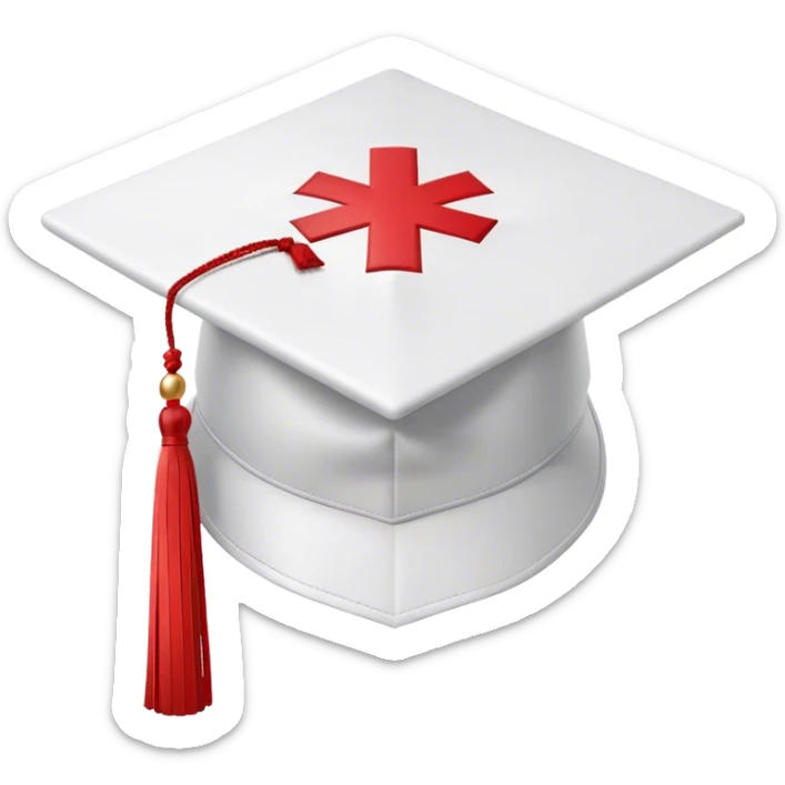  white medical graduation cap (mortarboard) with a red cross symbol in the center. The cap has a flat, square top and a slightly curved brim. A red tassel hangs from one corner, gently swaying. The design is clean and professional, symbolizing a medical graduate. The background is plain white sticker