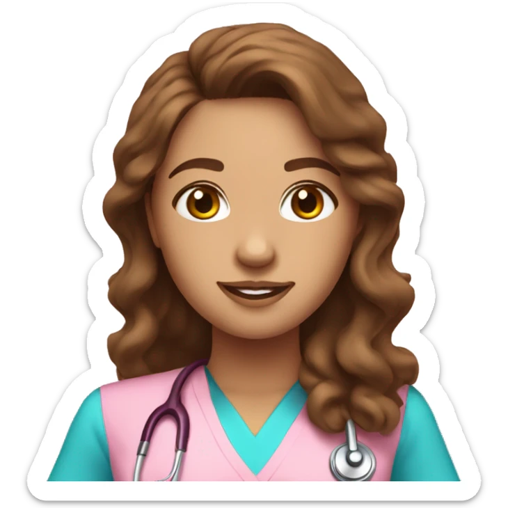 Pretty nurse with long brown wavy hair with pink scrubs sticker