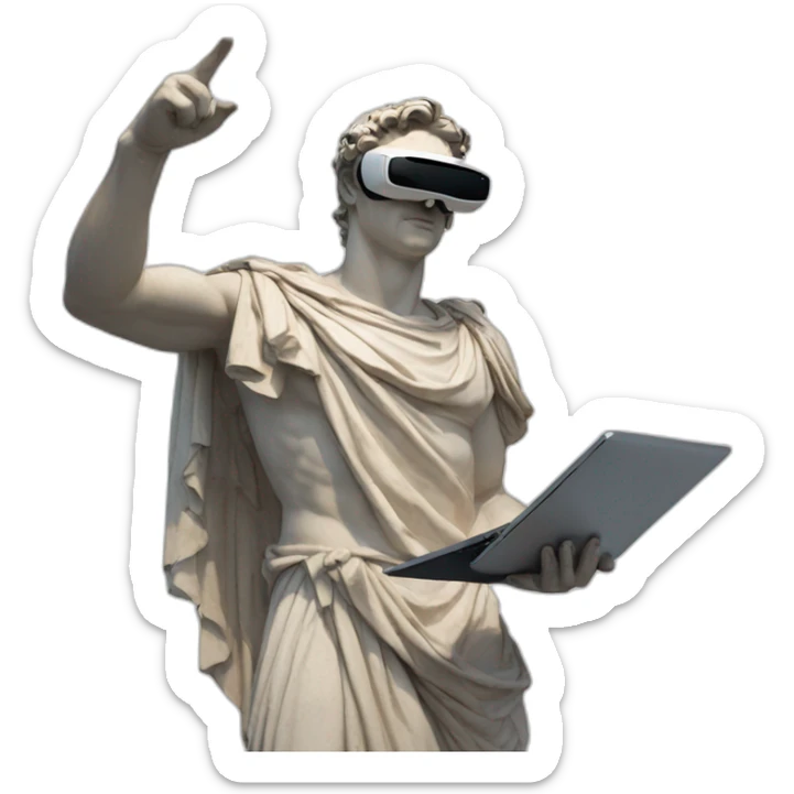 Roman sculpture with virtual reality goggles pointing his index finger to the sky and holding a laptop with his other hand sticker