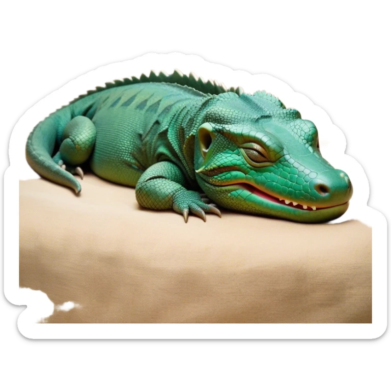 Meme-Worthy cute Sleeping Komodo Dragon Lizard Portrait Emoji, Head resting peacefully with a contented smile, showcasing a rugged, textured form and eyes gently closed in serene slumber, Simplified yet comically adorable features, highly detailed, glowing with a soft, drowsy glow, high shine, relaxed and utterly lovable, stylized with an air of playful laziness, bright and heartwarming, soft glowing outline, capturing the essence of a sleeping ancient guardian that feels destined to become the next viral icon of adorable rest! sticker