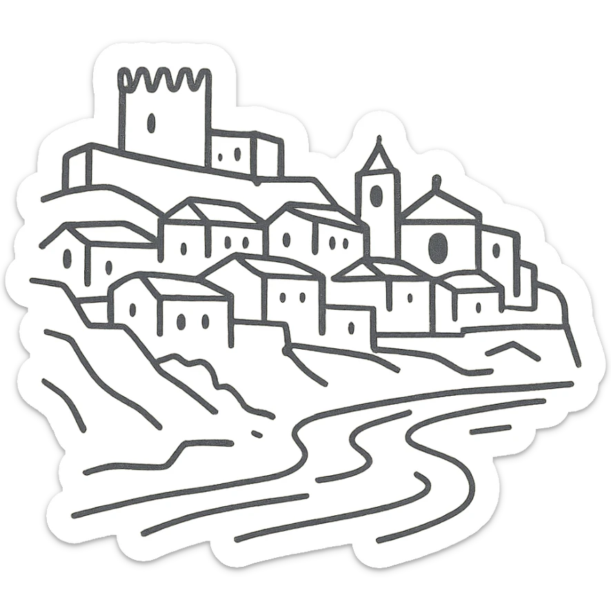 hand drawn outline icon of Mértola with castle and river sticker