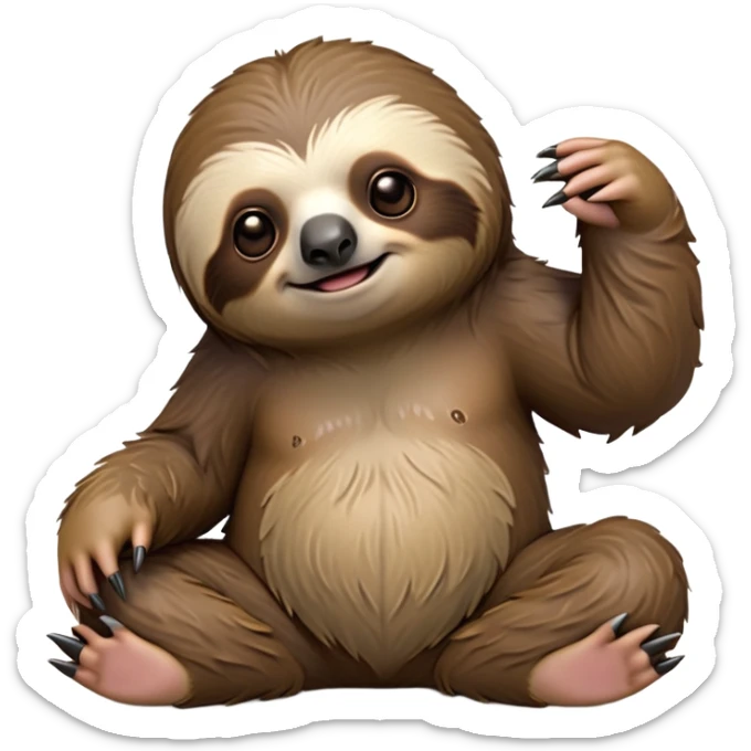cinematic-sloth-realistic-full-body-sitting-emoji,-long-curved-claws-clinging,-thick-shaggy-brown-fur-slightly-ruffled,-head-tilted-dramatically,-slow-blinking-eyes-filled-with-serene-wisdom,-simplified-yet-realistic-focused-features,-highly-detailed,-glowing-with-an-almost-sarcastic-glow sticker