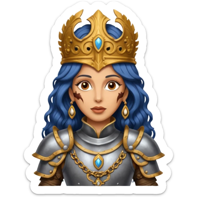 realistic cinematic actress Cher in baroque styling with dirty damaged armor in a forest sticker