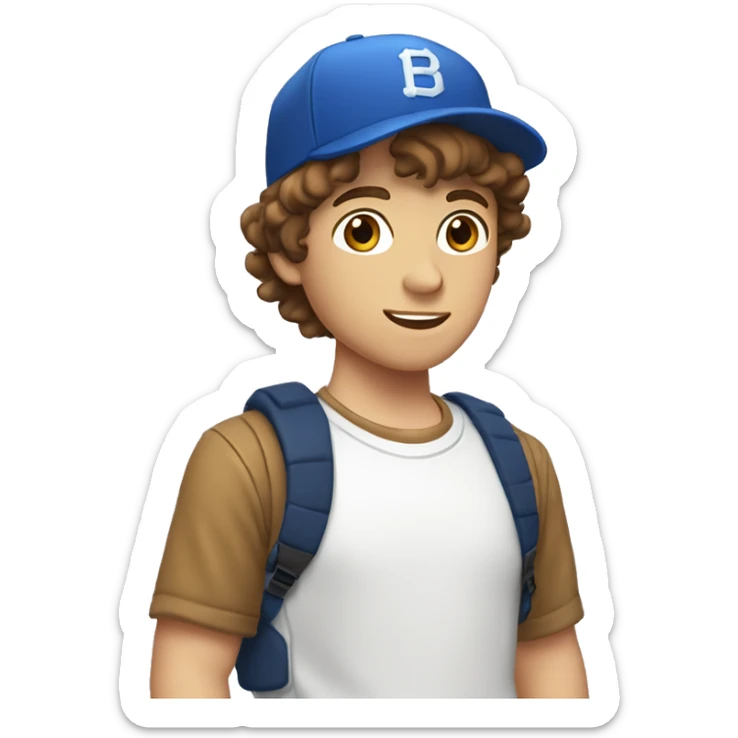 Teenager boy type italian, White skin, with baseball cap backwards with wavy brown hair (Which go down behind to the nape of the neck), Little bit dezoom sticker