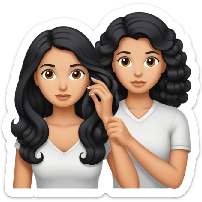 tanned woman with long black hair curling her hair, getting ready sticker